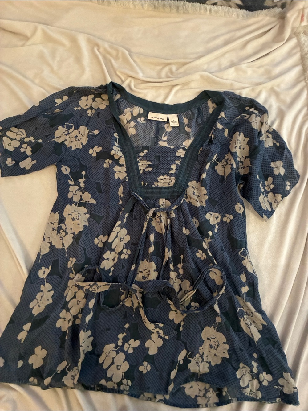 DKNY Navy and Cream Floral Tie-Front Girls' Dress